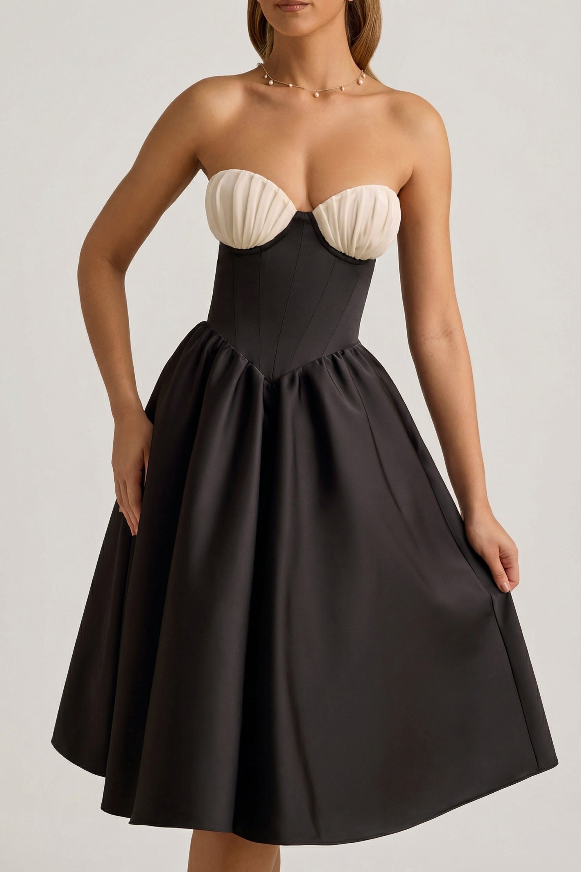 Gabrielle Strapless Corset Midi Dress in Black