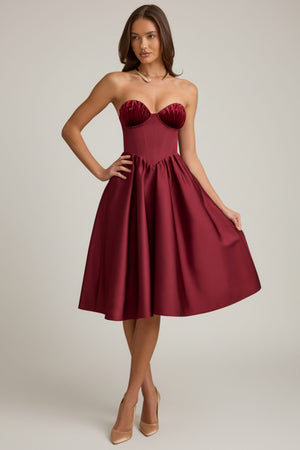 Strapless Corset Midi Dress in Wine Red