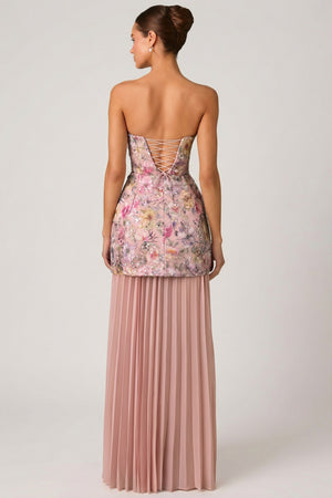 Oh Polly's Anna wearing the Galia Gown Length Dress in Floral Pink Embellished, Chiffon fabric perfect for summer garden parties