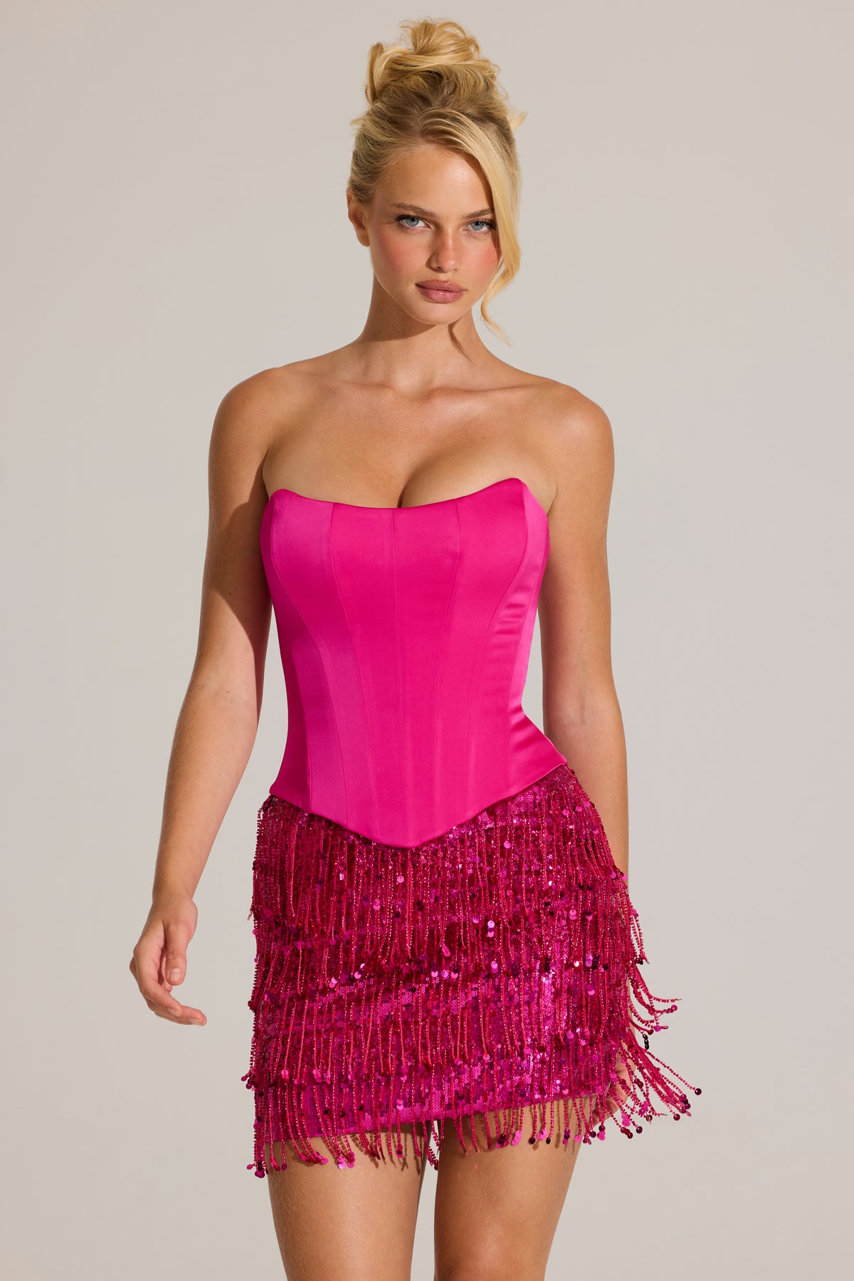 Satin Corset Fringed Mini Dress in Fuchsia Pink