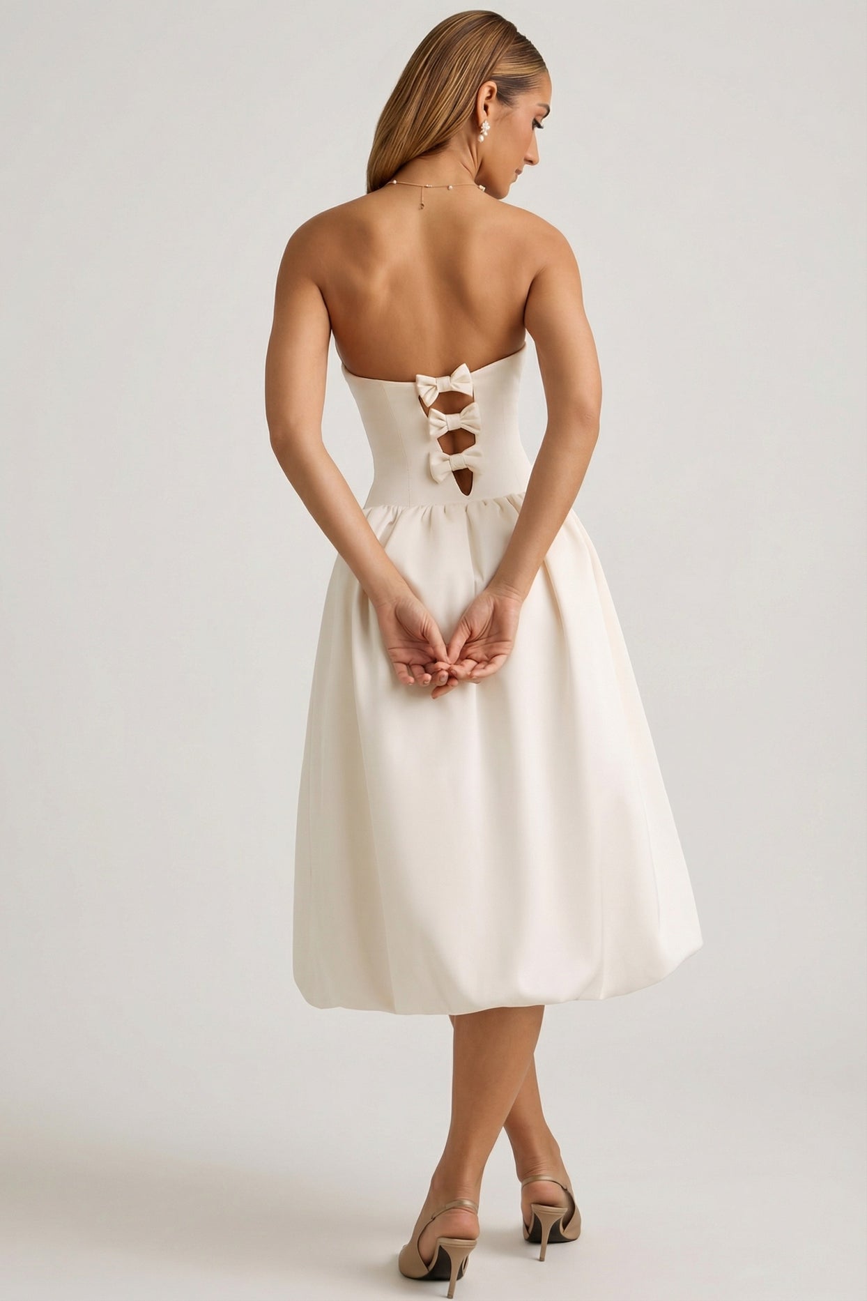 Convertible Bow-Detail Bubble Hem Midaxi Dress in Ivory - 7