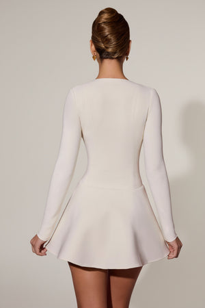 Bow-Detail Plunge-Neck A-Line Mini Dress in Ivory
