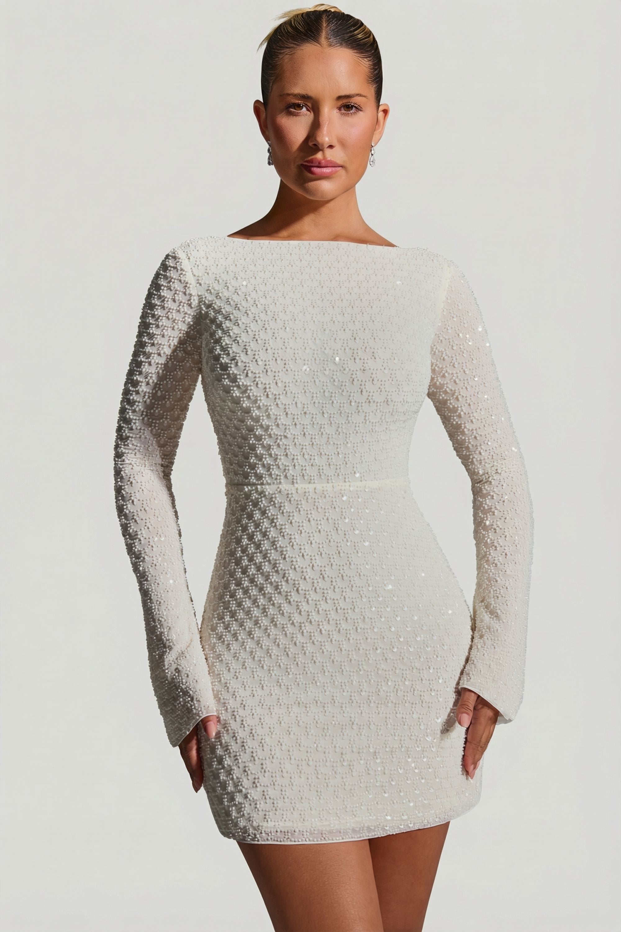 Embellished Open-Back A-Line Mini Dress in White - 6