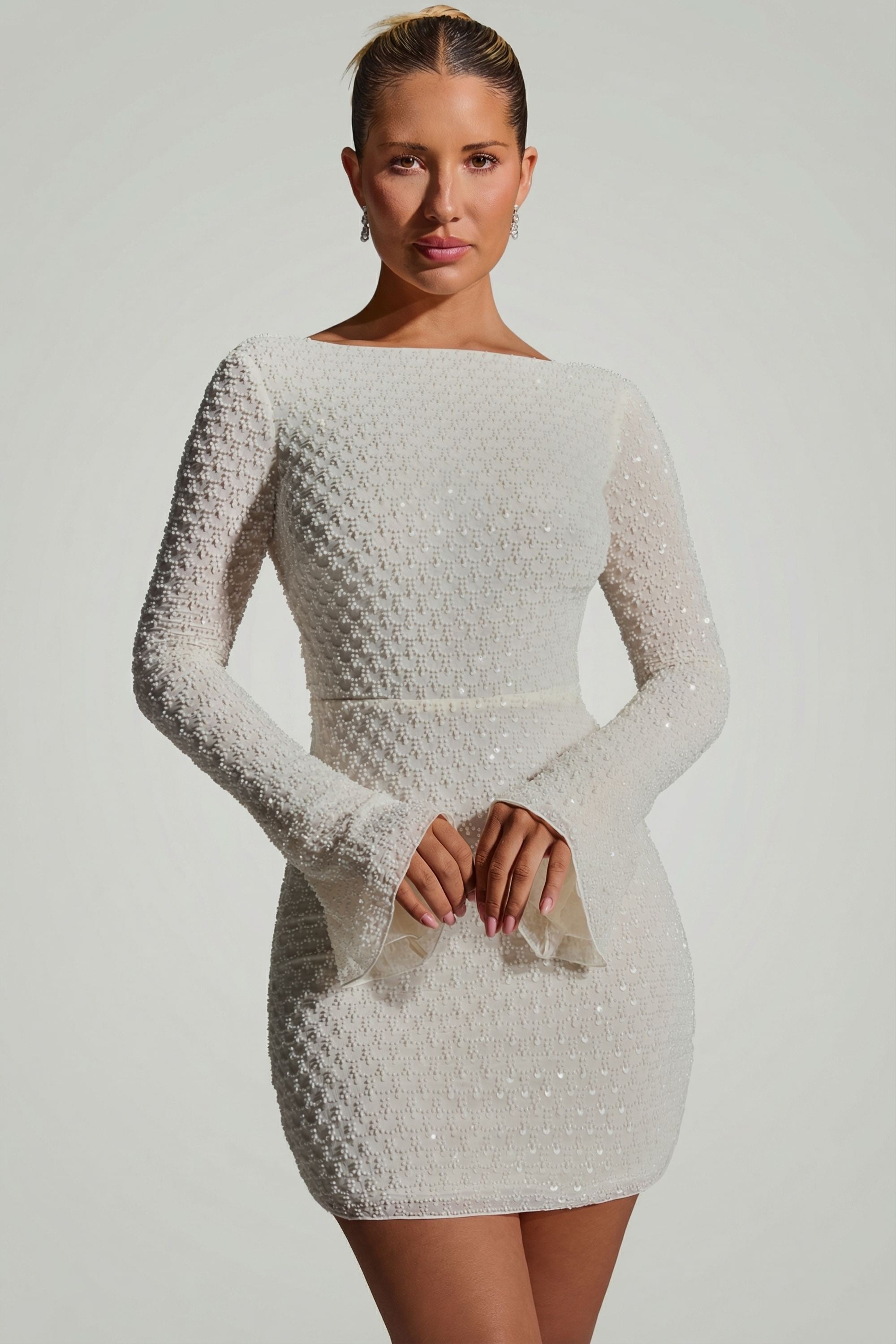 Embellished Open-Back A-Line Mini Dress in White - 6
