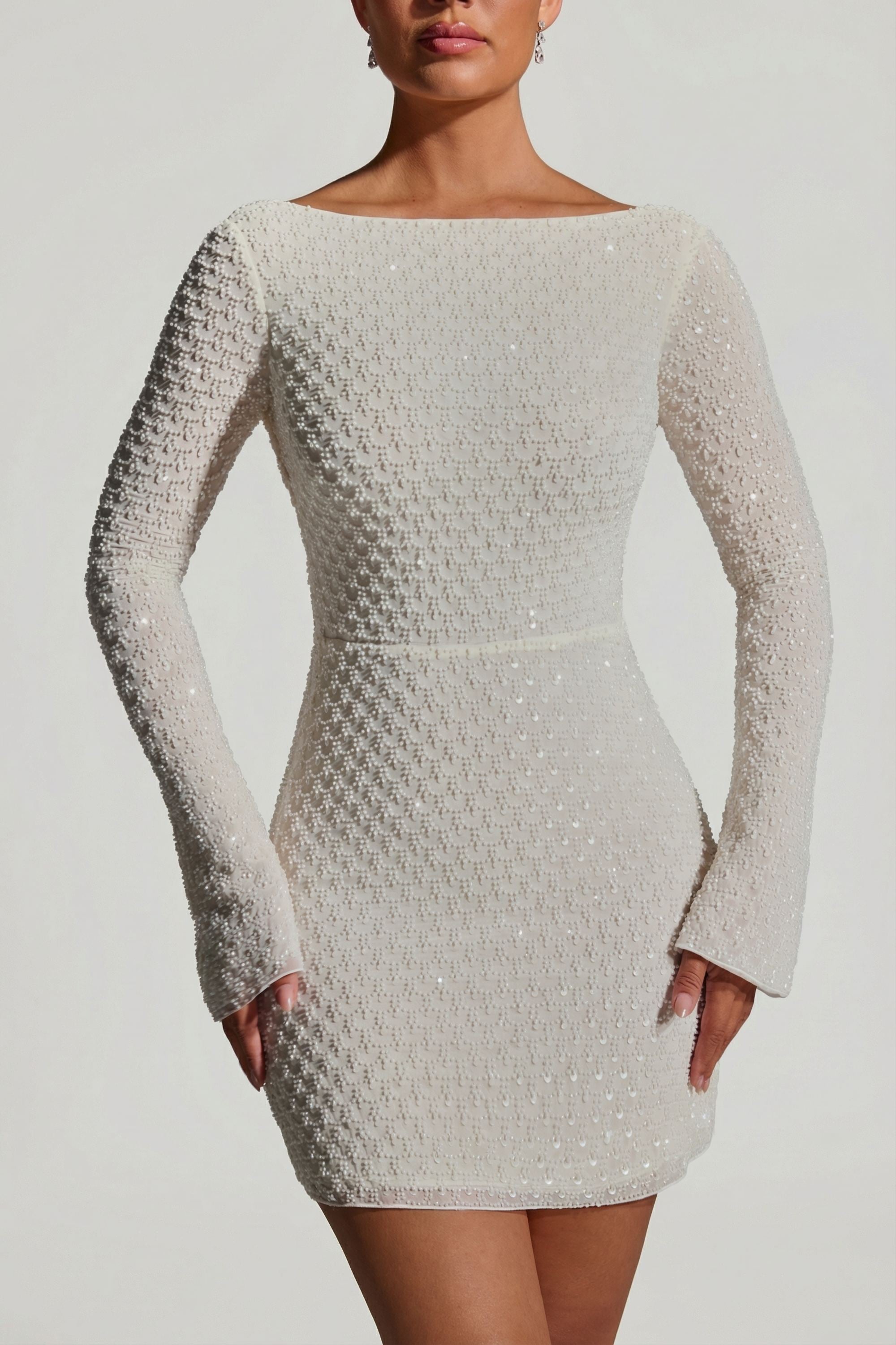 Embellished Open-Back A-Line Mini Dress in White - 6