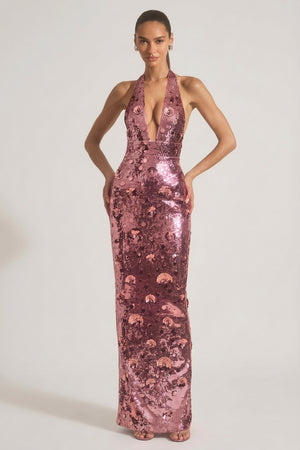 Nolira Sequin-Embellished Halterneck Maxi Dress in Pink | Oh Polly Nolira Sequin-Embellished Halterneck Maxi Dress in Pink | Oh Polly