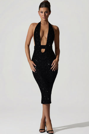 Oh Polly's Anna wearing the Harlyn Midi Dress in Black Micro Sequin fabric perfect for cocktail parties