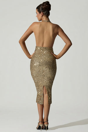 Embellished Cut-Out Open-Back Midaxi Dress in Gold