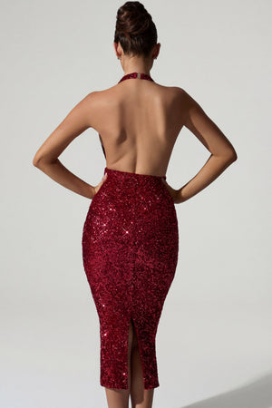 Oh Polly's Anna wearing the Harlyn Midi Dress in Red Micro Sequin fabric perfect for holiday parties