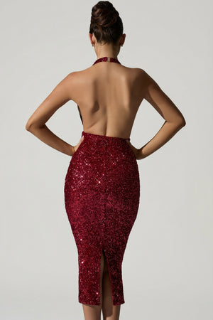 Embellished Cut-Out Open-Back Midaxi Dress in Red