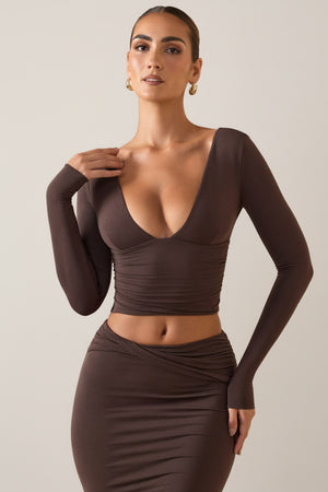 Oh Polly's Priscilla wearing the Harri Full Top in Chocolate Brown Modal fabric perfect for dinner parties