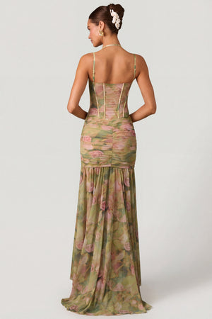 Oh Polly's Anna wearing the Haruna Gown Length Dress in Floral Multi Print Mesh fabric perfect for garden parties