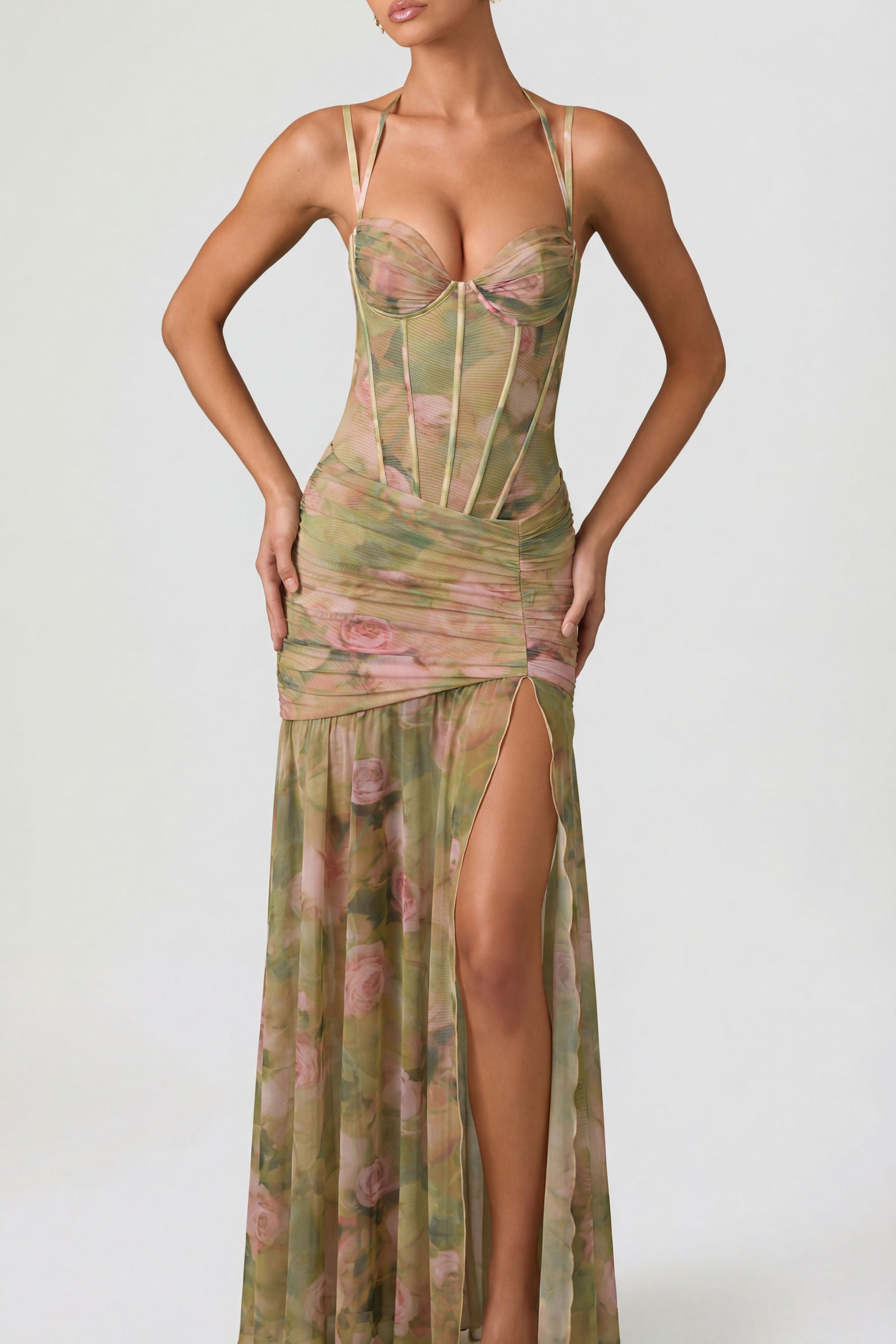 Ruched Asymmetric Corset Gown in Floral Multi Print - 12 / Regular