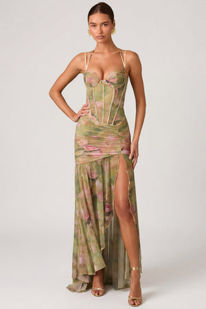 Ruched Asymmetric Corset Gown in Floral Multi Print - 12 / Regular Ruched Asymmetric Corset Gown in Floral Multi Print - 12 / Regular