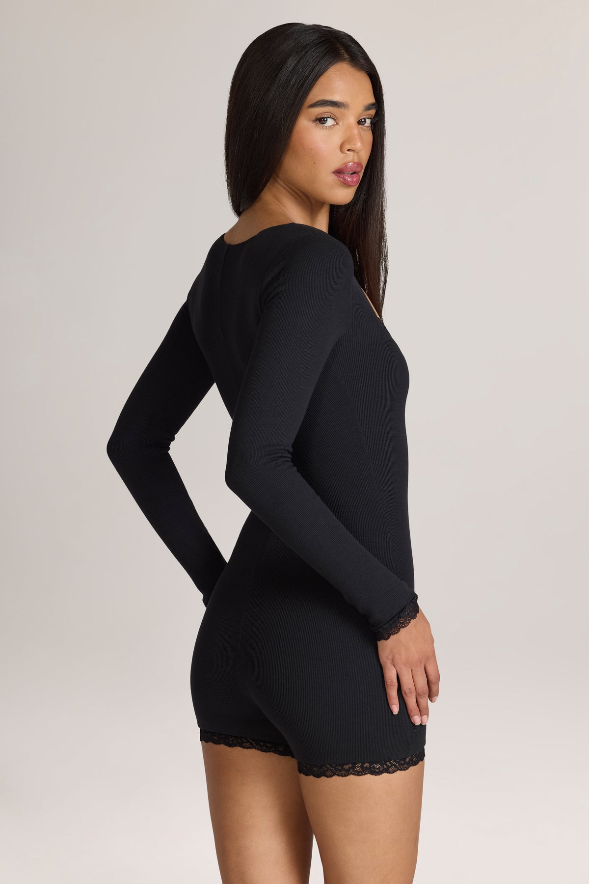 Ribbed Modal Lace-Trim Romper in Black