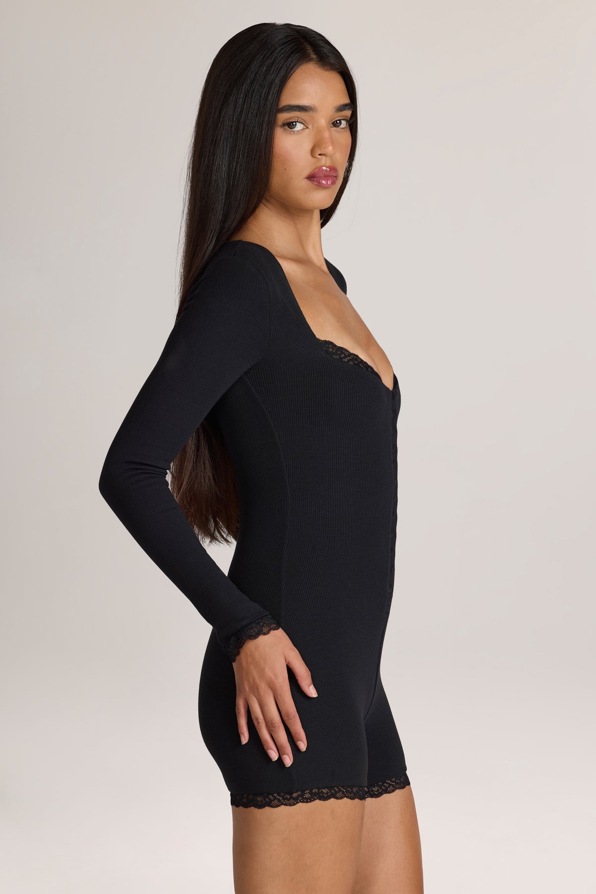 Ribbed Modal Lace-Trim Romper in Black