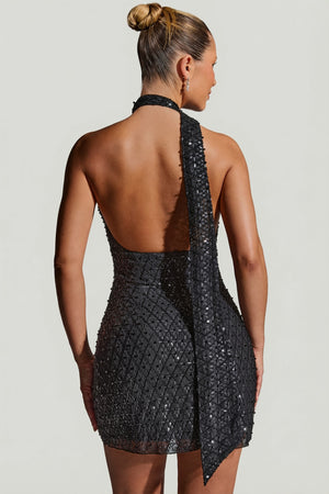 Embellished Scarf-Detail Halterneck Mini Dress in Black - 2 | Oh Polly Embellished Scarf-Detail Halterneck Mini Dress in Black - 2 | Oh Polly