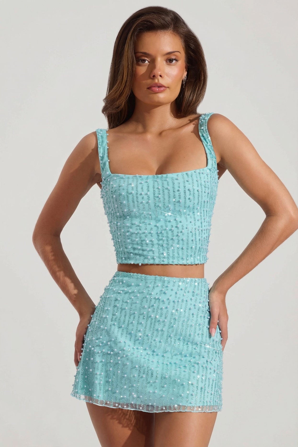 Embellished Low-Rise Mini Skirt in Aqua Blue - 5