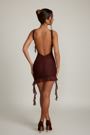Oh Polly's Priscilla wearing the Iolanda Mini Dress in Brown Mesh fabric perfect for a night out