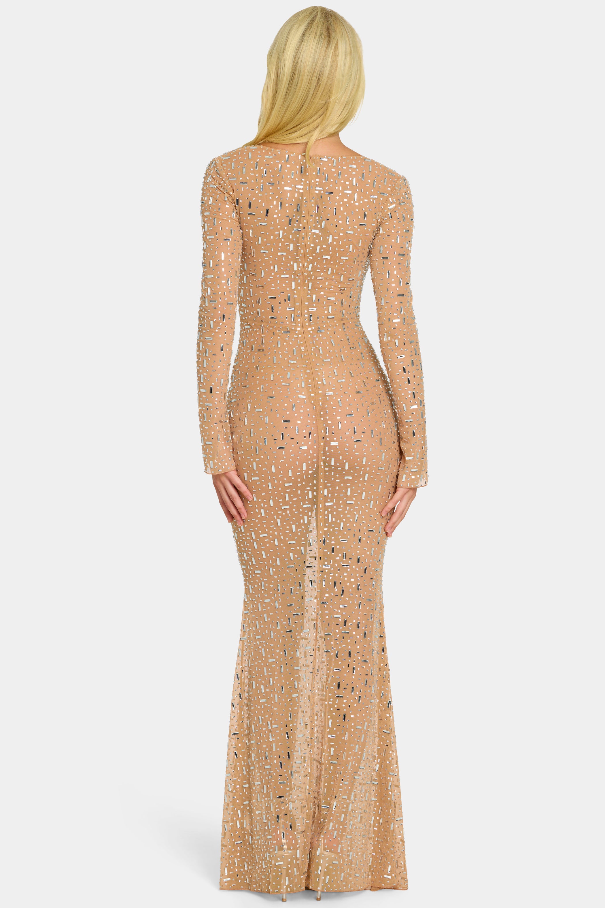 Sheer Embellished Long Sleeve Evening Gown in Almond