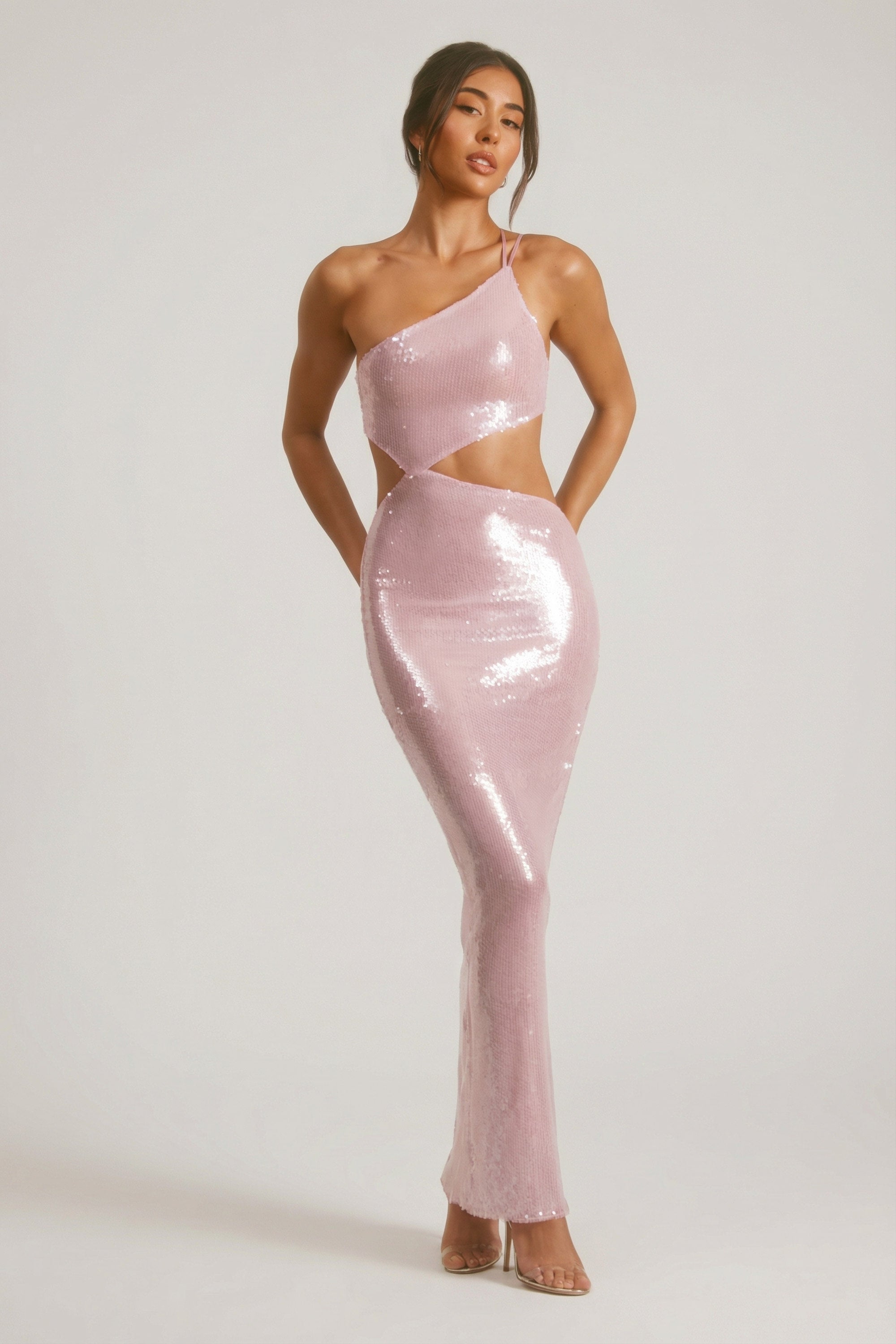 Isabel Sequin One Shoulder Cut Out Maxi Dress in Lilac