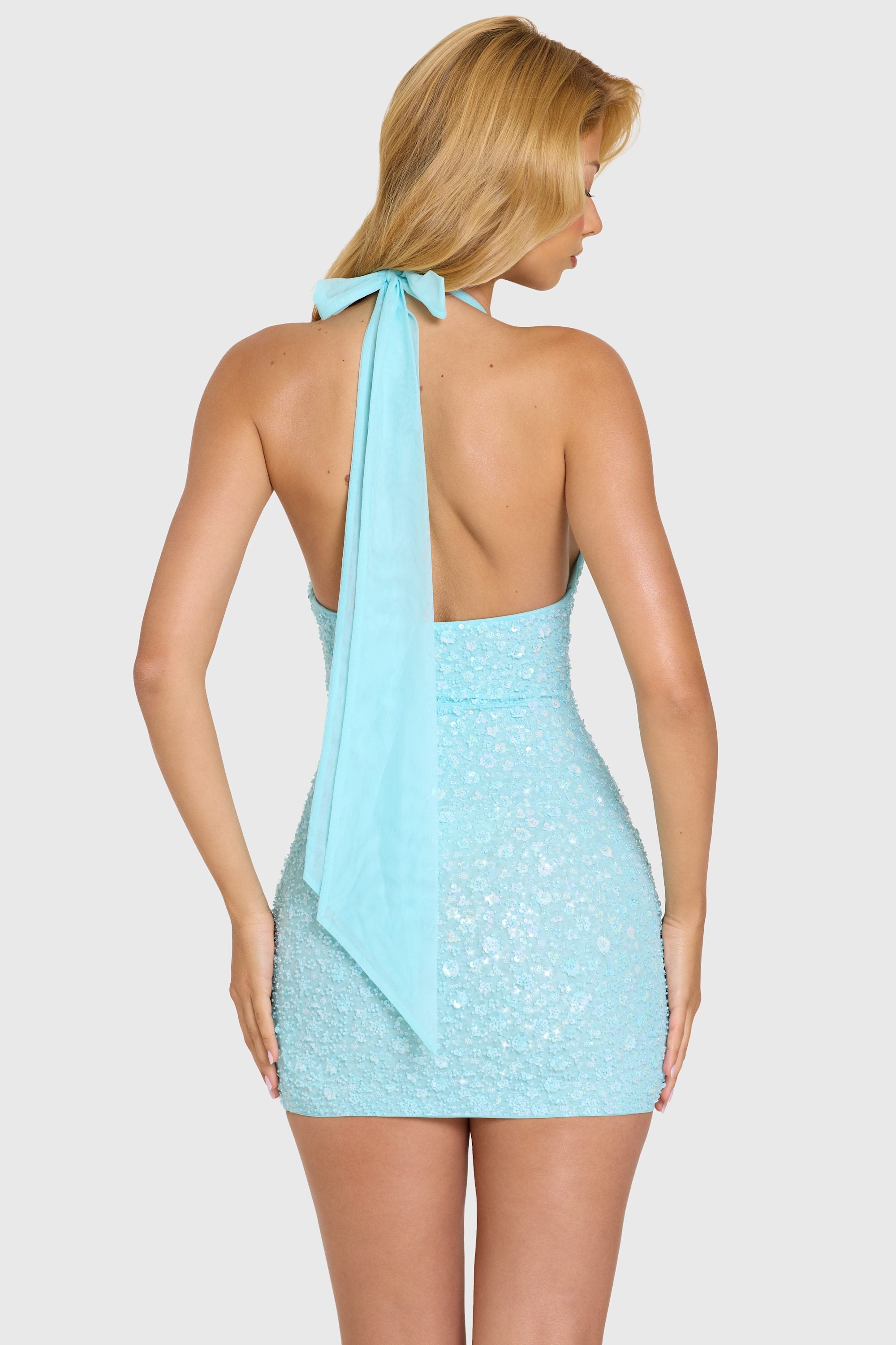 Embellished Mini Dress in Aqua