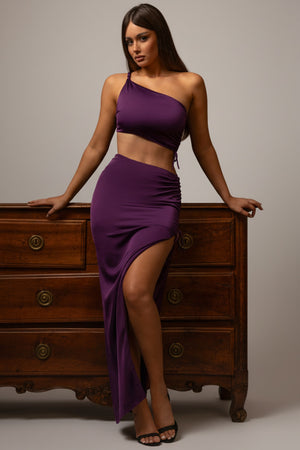 Ruched Asymmetric-Waist Maxi Skirt in Plum