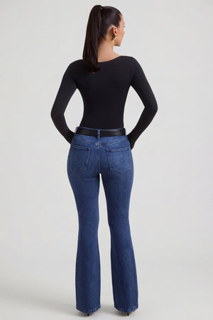 Oh Polly's Sarah wearing the Jacey Trousers in Indigo Wash Denim fabric perfect for weekend shopping trips
