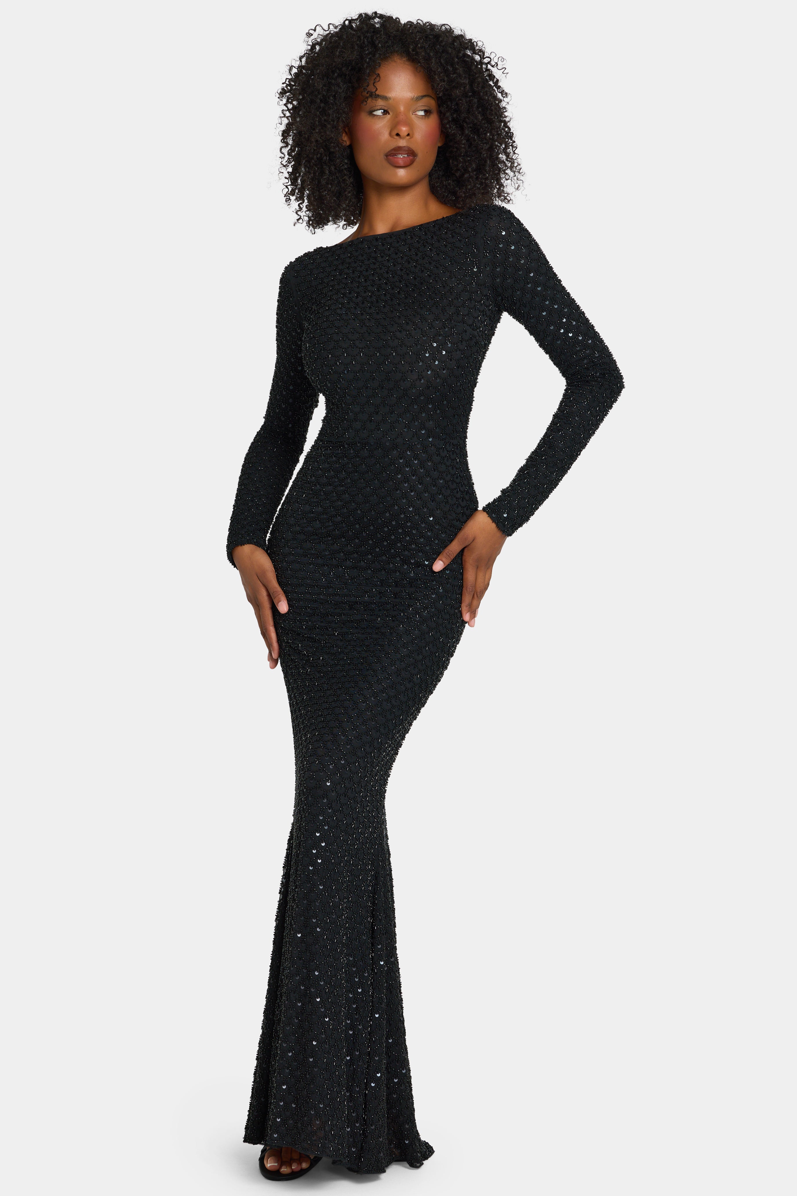 Jailene Embellished Open-Back Gown in Black | Oh Polly