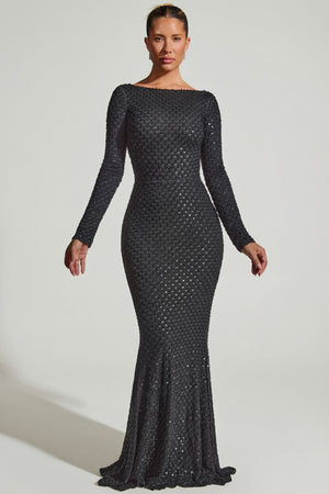 Oh Polly's Sierra Skye wearing the Jailene Gown Length Dress in Black Embellished fabric perfect for formal evening events
