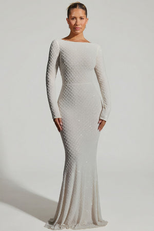 Oh Polly's Sierra Skye wearing the Jailene Gown Length Dress in White Embellished fabric perfect for elegant evening events