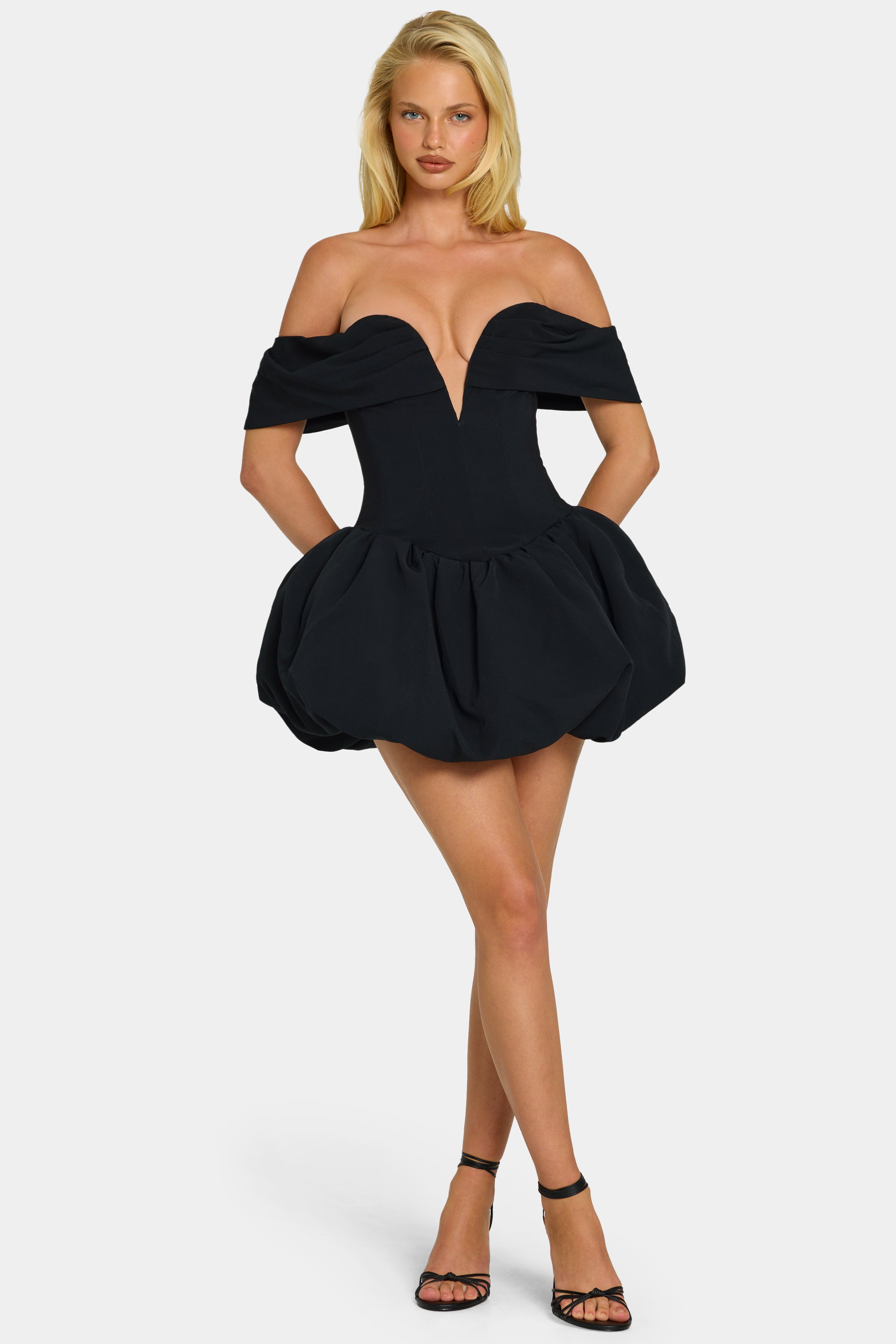 Off-Shoulder Layered Bubble Hem Corset Mini Dress in Black - 4 / Regular