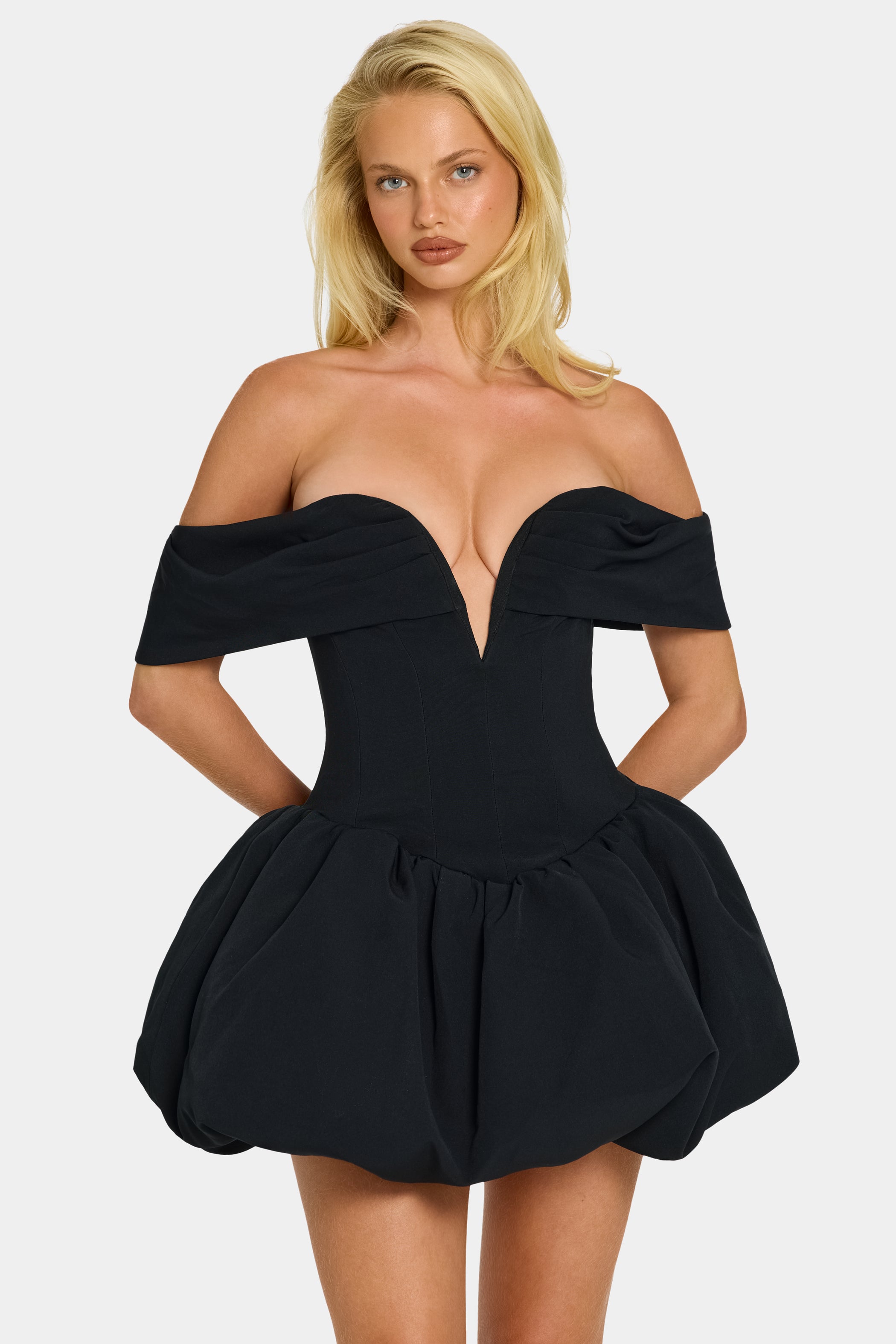 Off-Shoulder Layered Bubble Hem Corset Mini Dress in Black - 4 / Regular