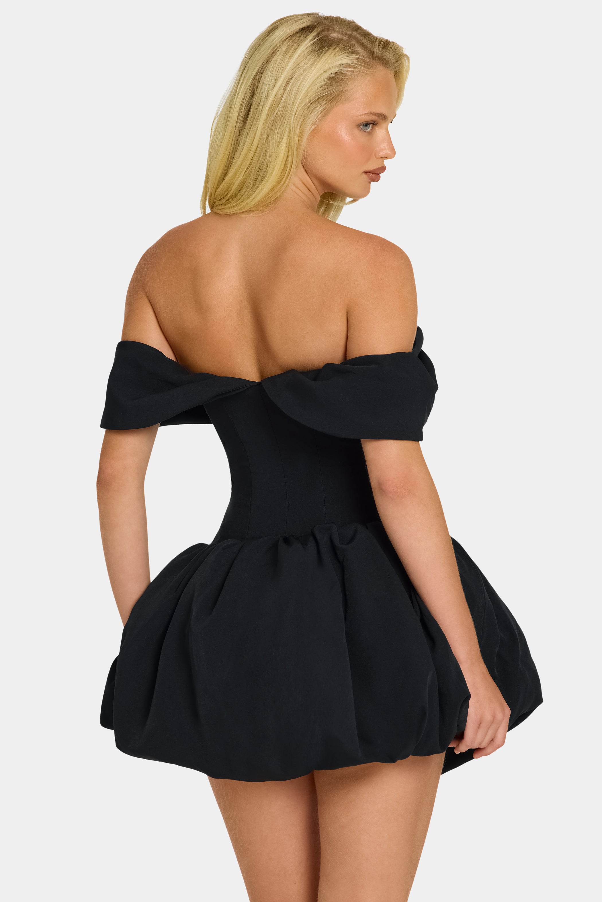 Off-Shoulder Layered Bubble Hem Corset Mini Dress in Black - 4 / Regular
