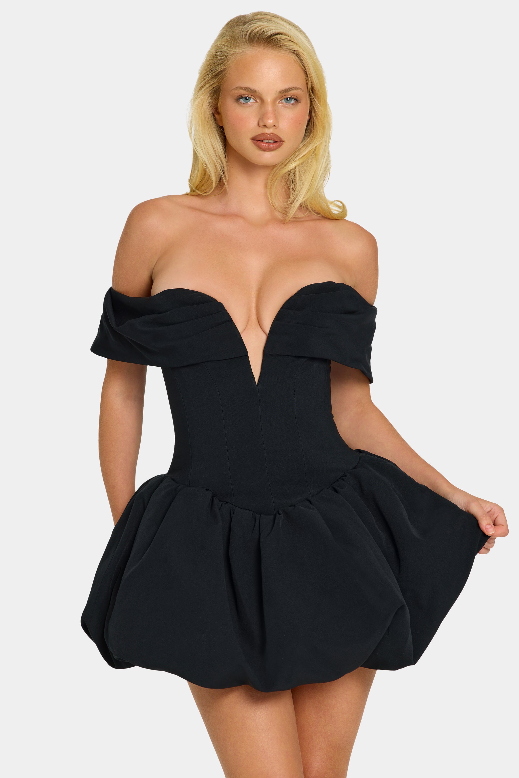 Off-Shoulder Layered Bubble Hem Corset Mini Dress in Black - 4 / Regular