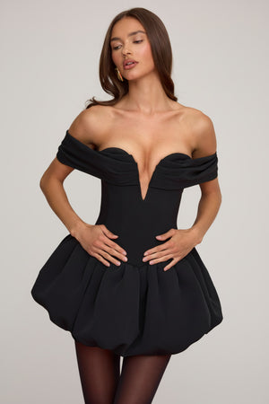 Off-Shoulder Layered Bubble Hem Corset Mini Dress in Black