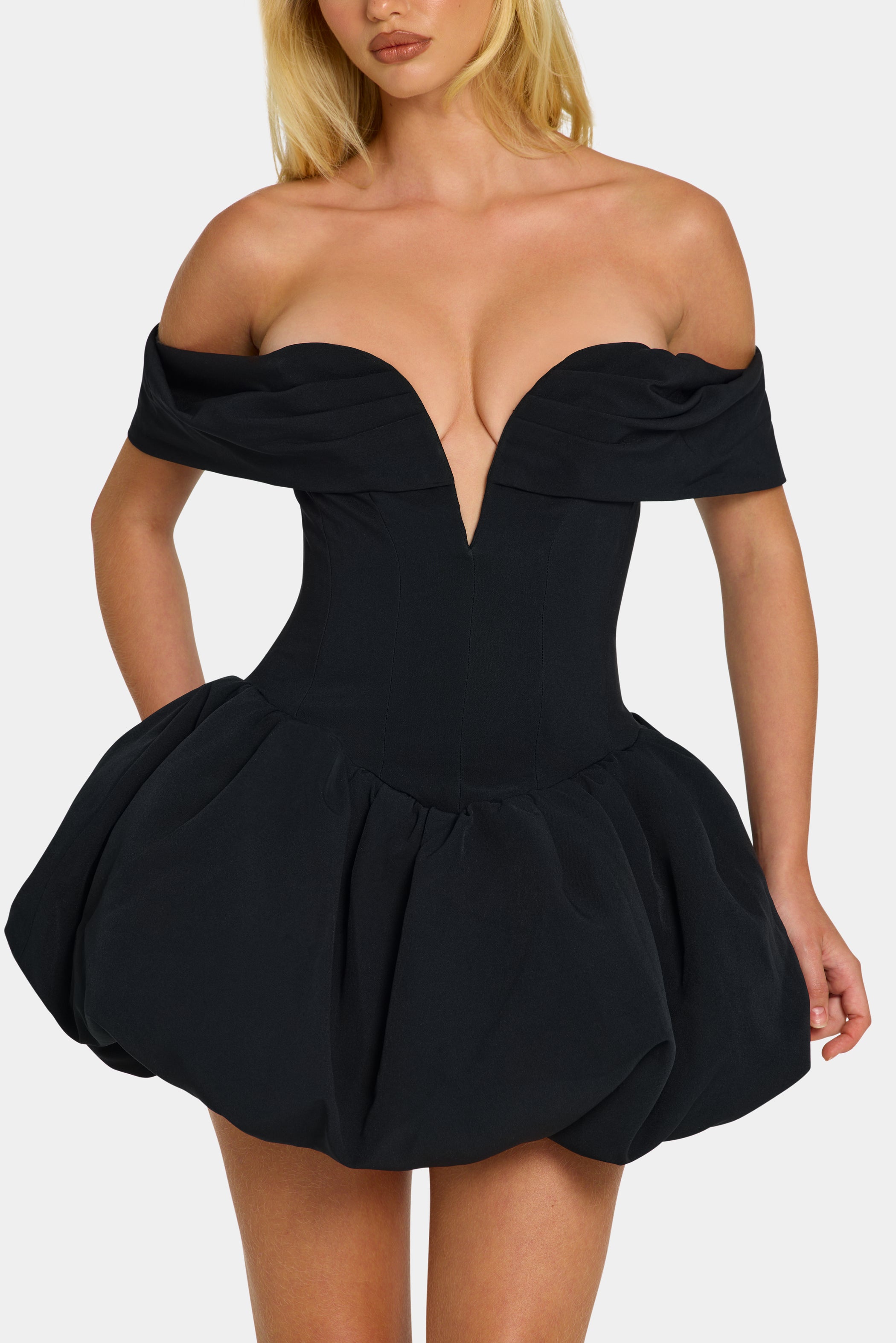 Off-Shoulder Layered Bubble Hem Corset Mini Dress in Black - 4 / Regular