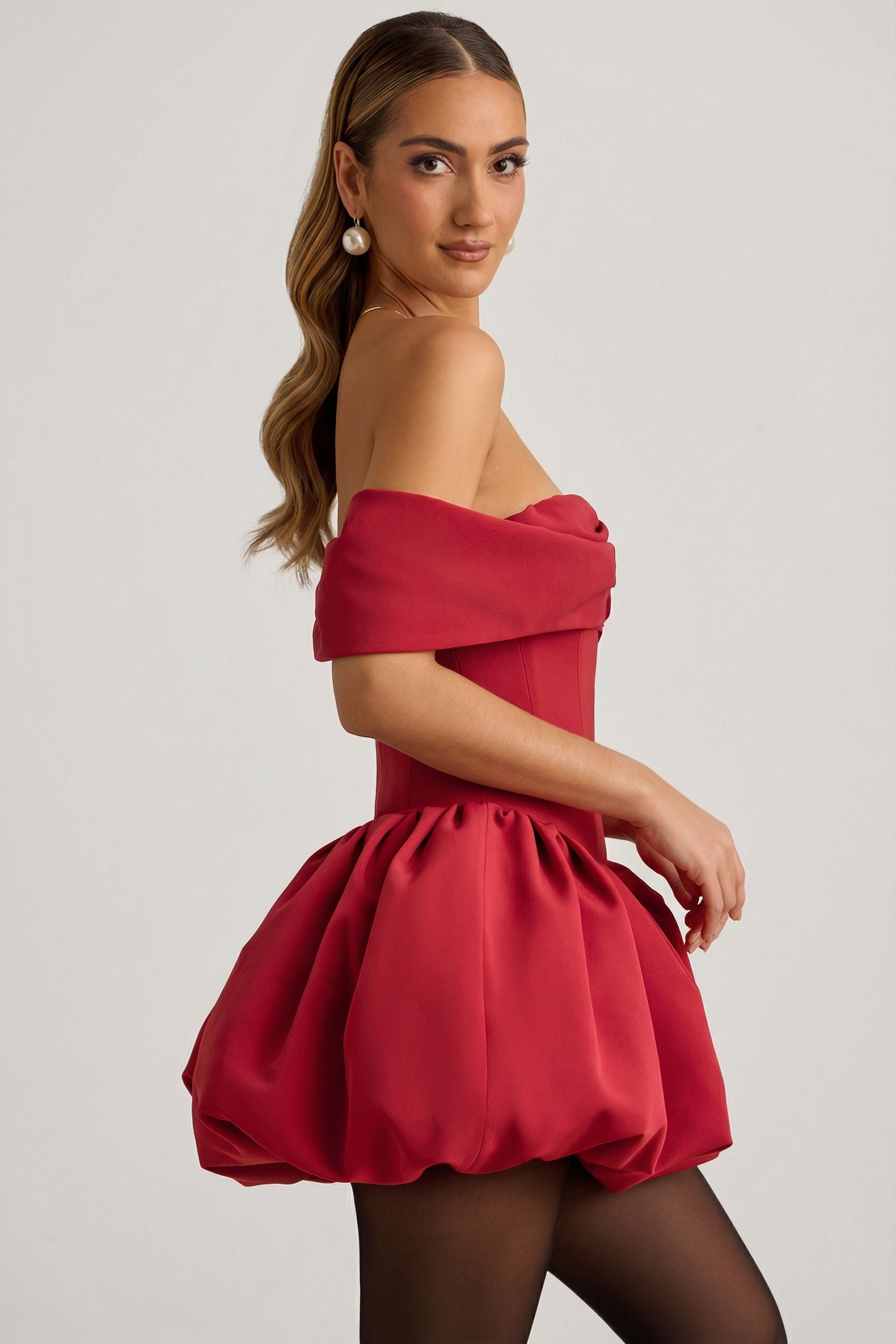 Off-Shoulder Layered Bubble Hem Corset Mini Dress in True Red - 4