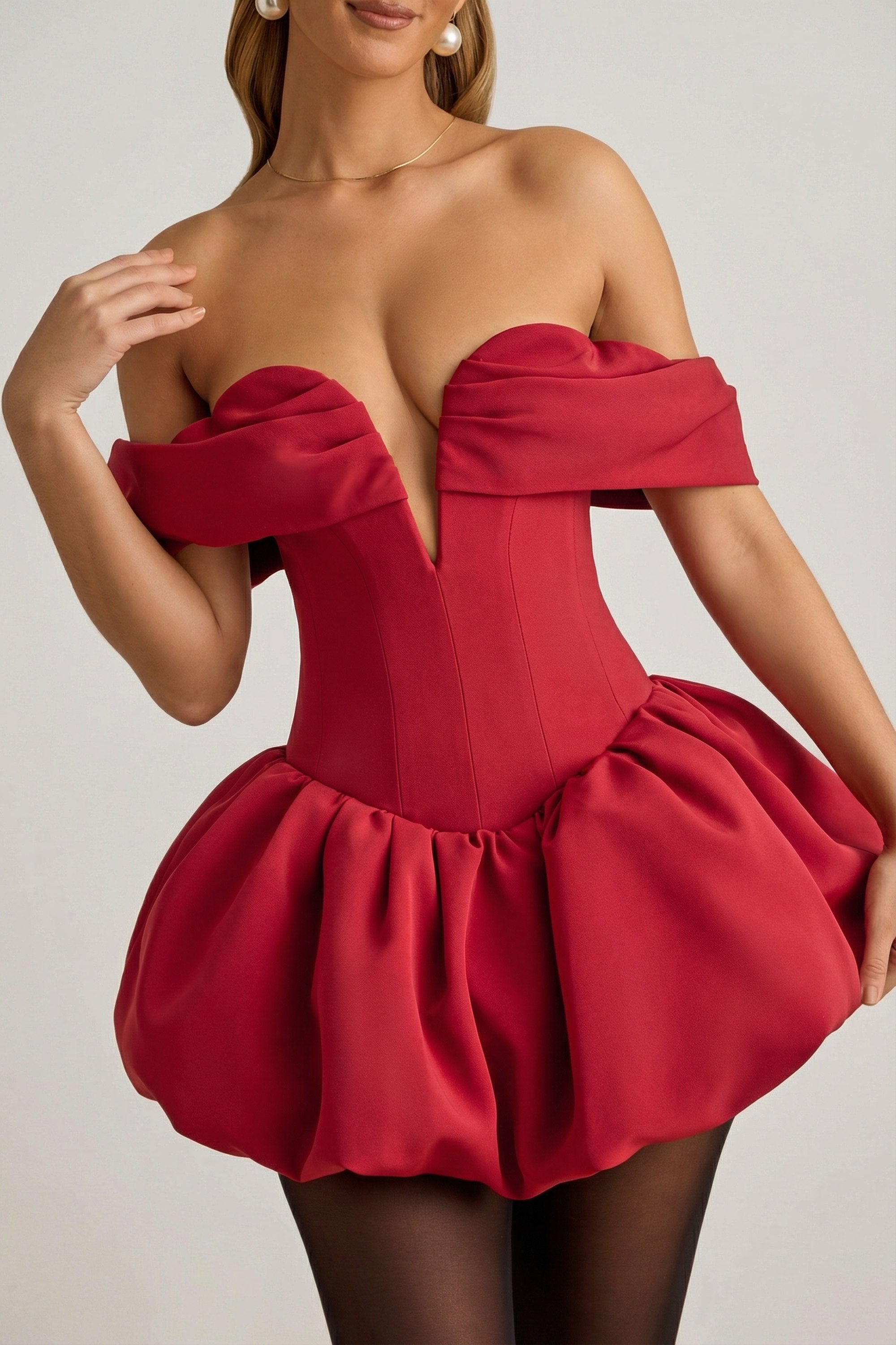 Off-Shoulder Layered Bubble Hem Corset Mini Dress in True Red - 4