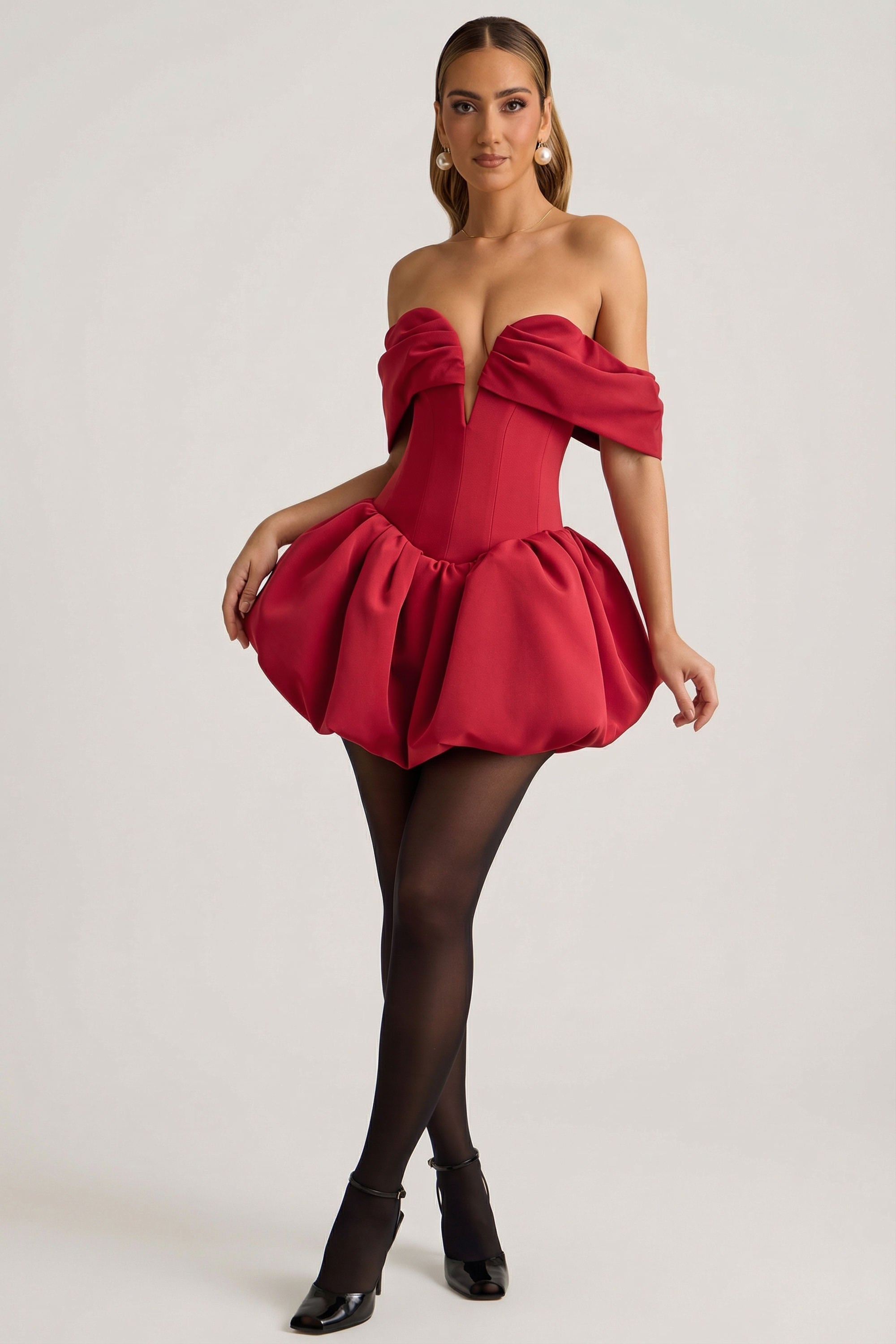 Jessamy Off-Shoulder Layered Bubble Hem Corset Mini Dress in True Red