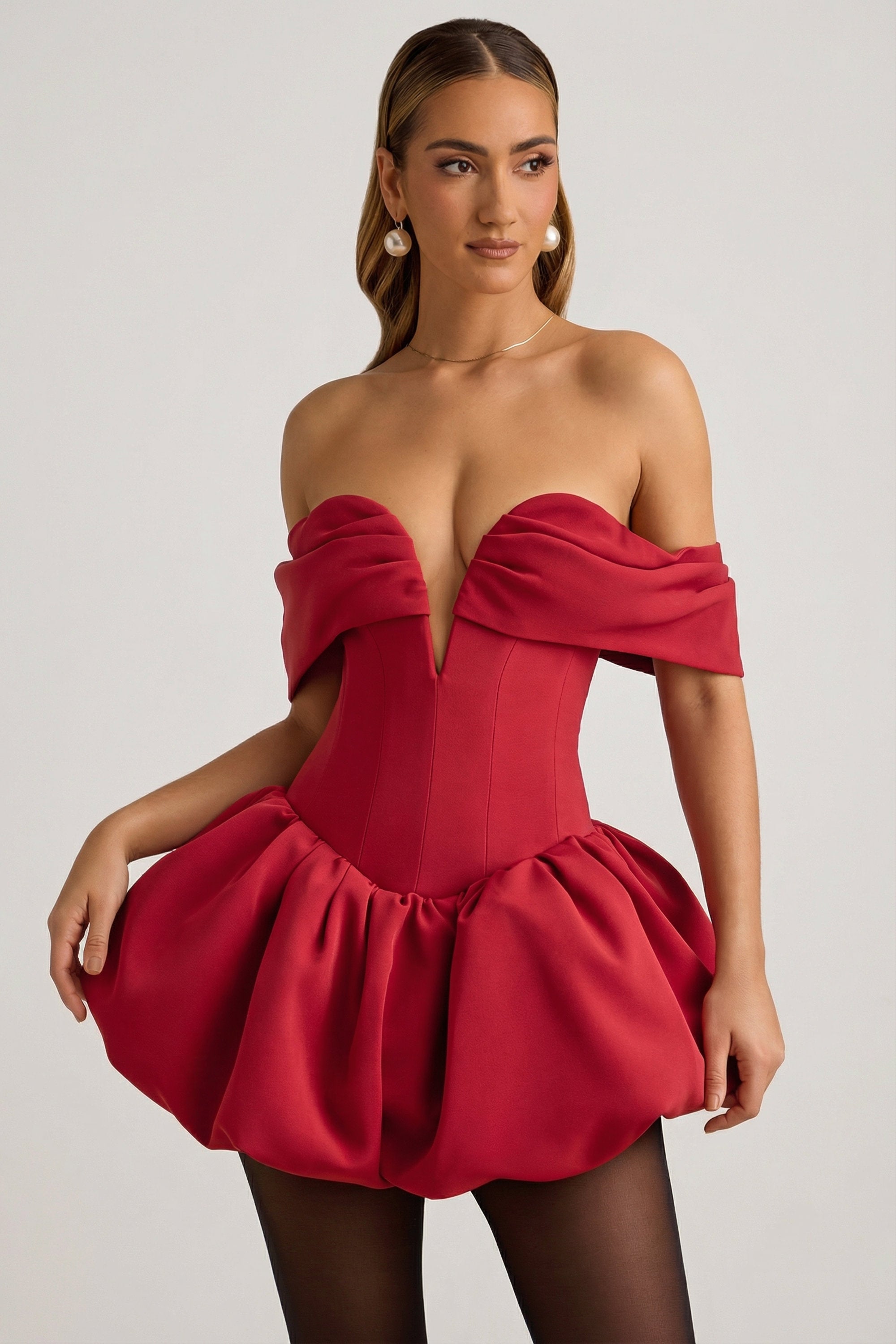 Off-Shoulder Layered Bubble Hem Corset Mini Dress in True Red - 4
