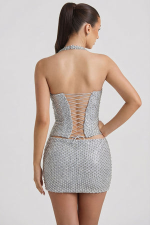 Embellished Low-Rise Mini Skirt in Silver