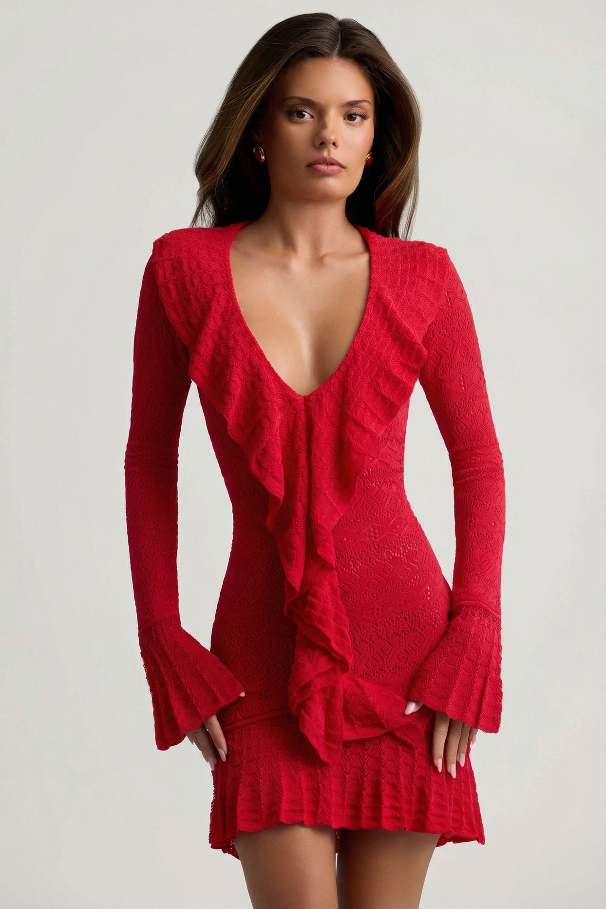 Ruffle-Trim Pointelle-Knit Mini Dress in Scarlet Red - 7
