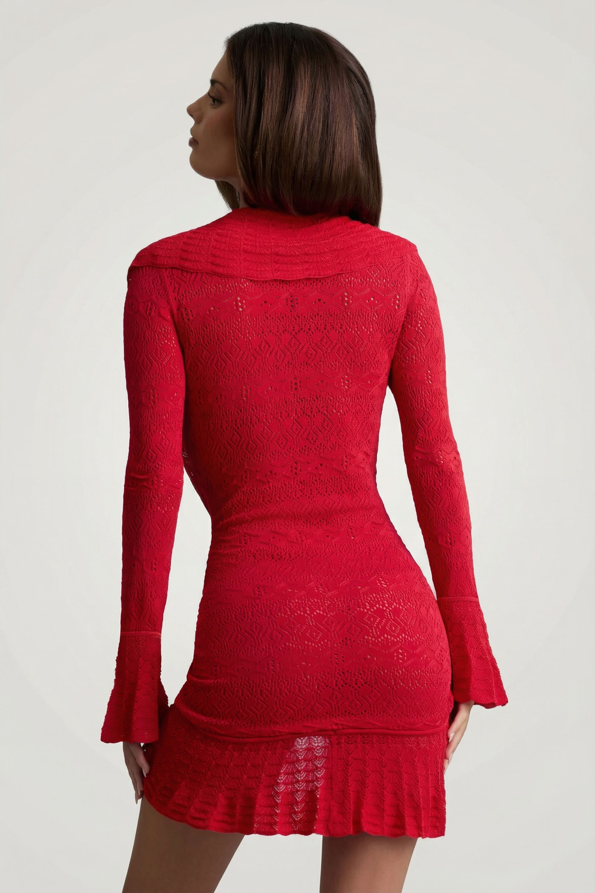 Ruffle-Trim Pointelle-Knit Mini Dress in Scarlet Red - S