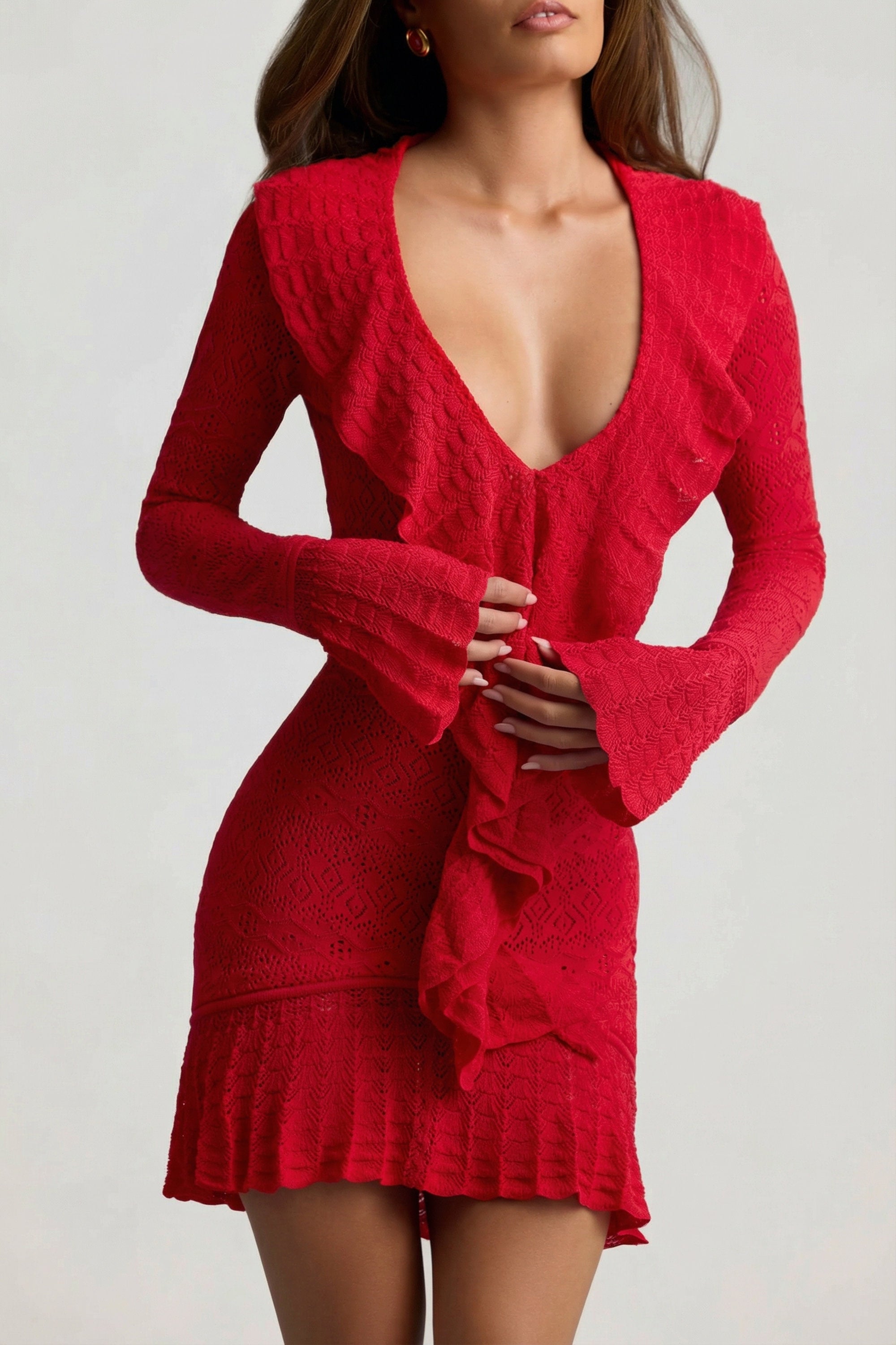 Jolessa Ruffle-Trim Pointelle-Knit Mini Dress in Scarlet Red | Oh