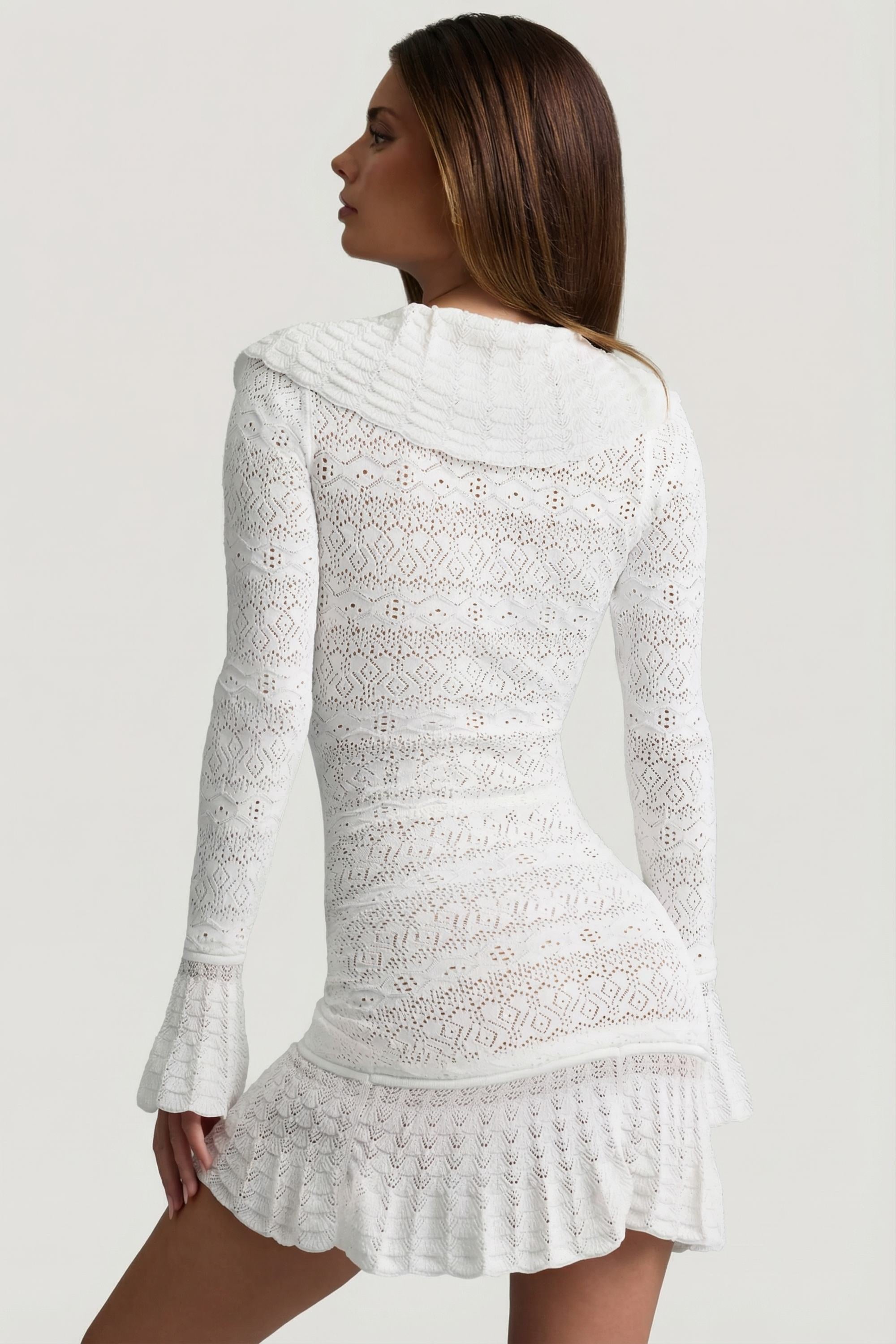 Ruffle-Trim Pointelle-Knit Mini Dress in White - XS