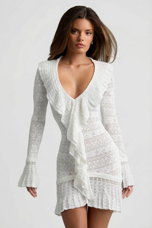 Ruffle-Trim Pointelle-Knit Mini Dress in White - L | Oh Polly Ruffle-Trim Pointelle-Knit Mini Dress in White - L | Oh Polly