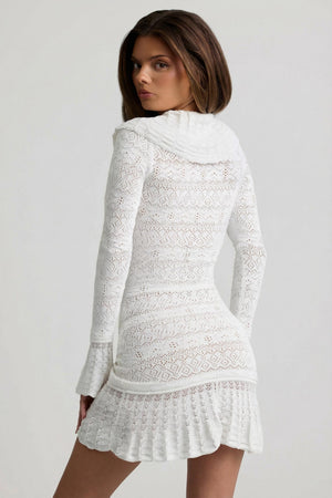 Ruffle-Trim Pointelle-Knit Mini Dress in White - L | Oh Polly Ruffle-Trim Pointelle-Knit Mini Dress in White - L | Oh Polly