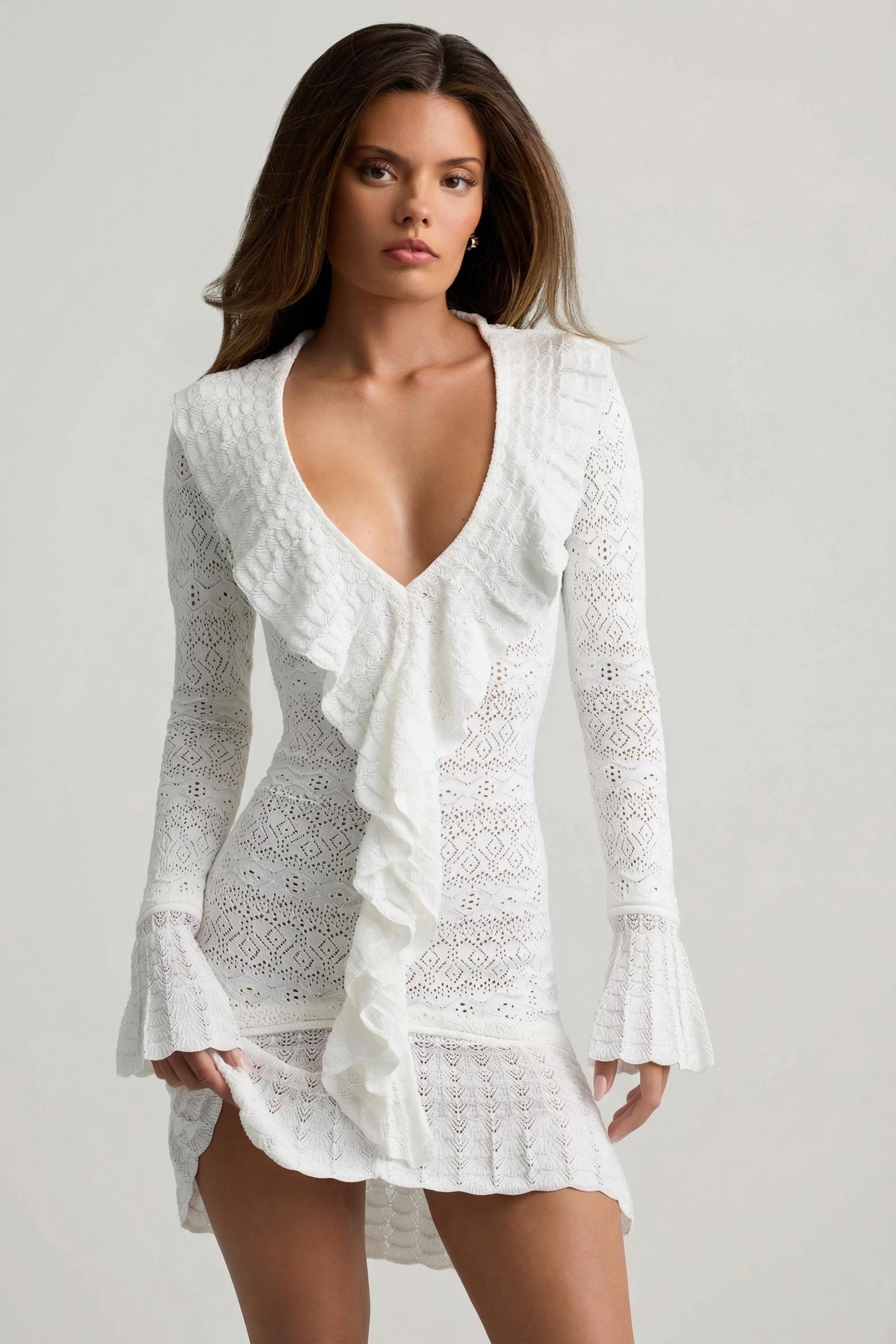 Ruffle-Trim Pointelle-Knit Mini Dress in White - XS