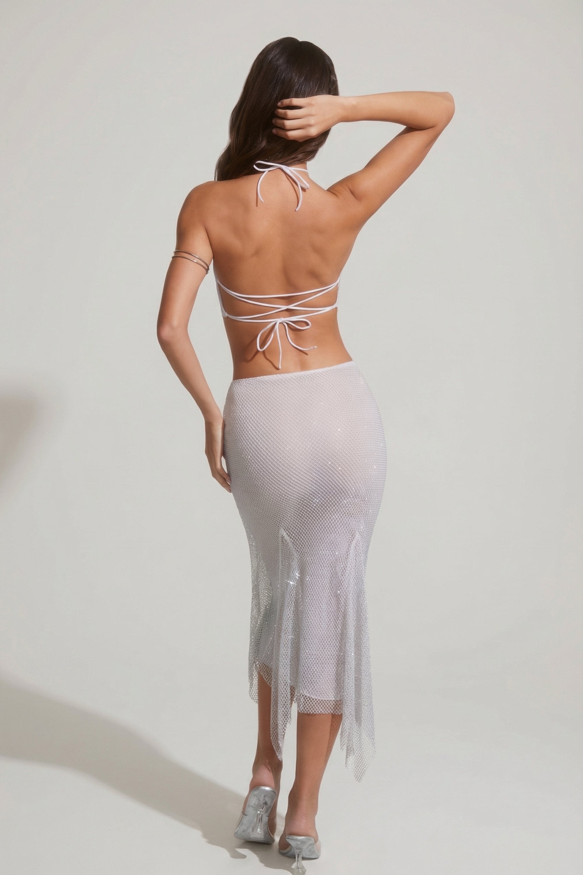 Embellished Handkerchief Hem Midaxi Skirt in Silver